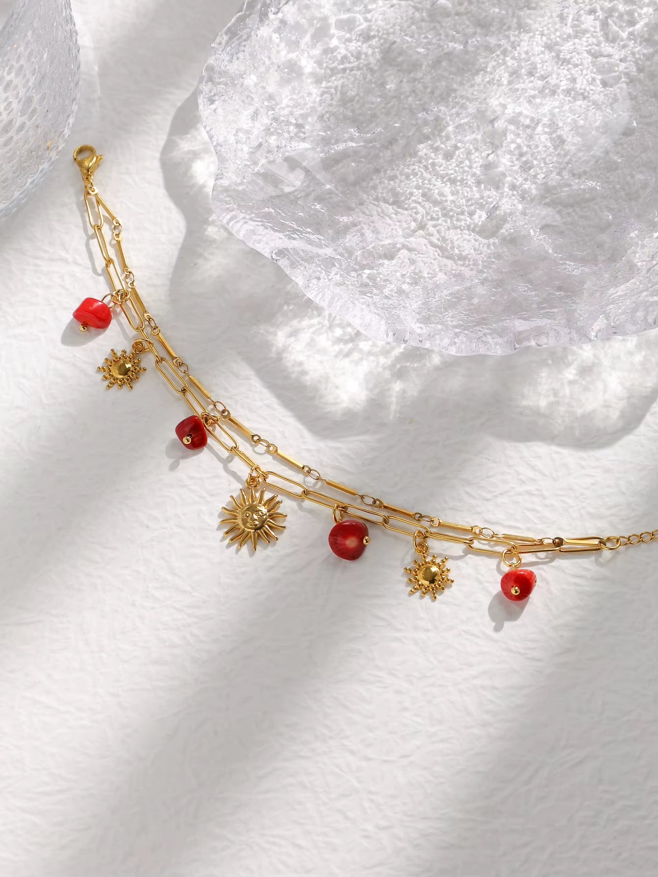 Stainless Steel Red Natural Stone Sun Pendant Double Bracelet Simple Irregular Chain Gold Women Jewelry Birthday Gift