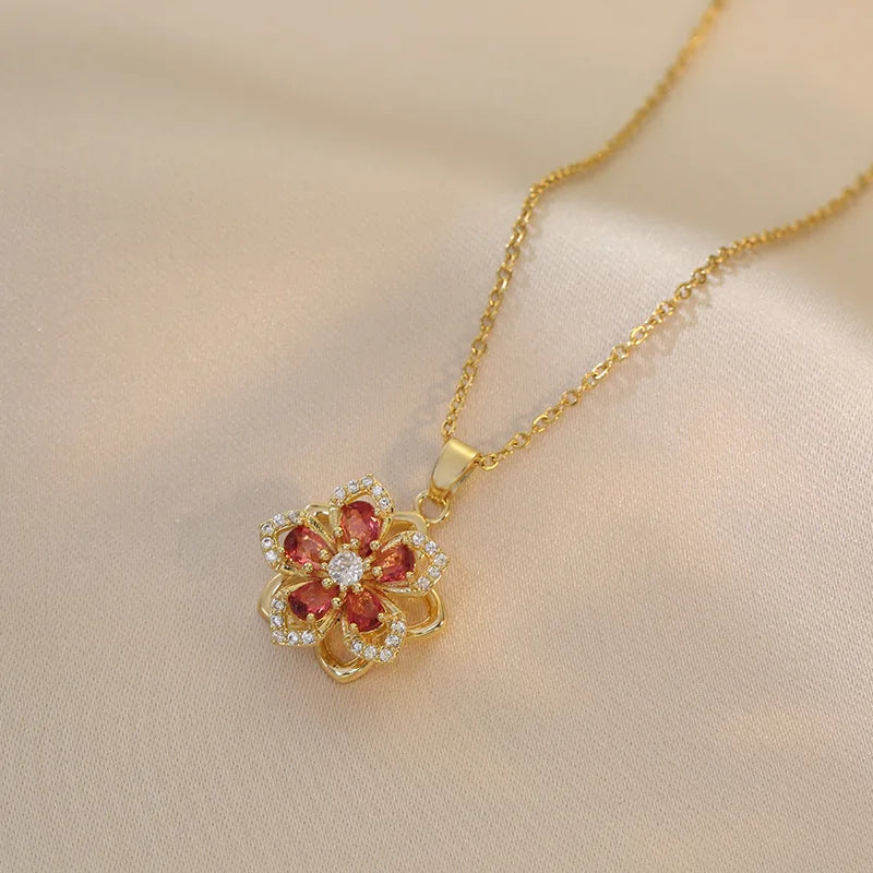 316L Stainless Steel Gold Plated Romantic Rotatable Flower Zirconia Pendant Necklace for Women Girls Charm Luxury Jewelry