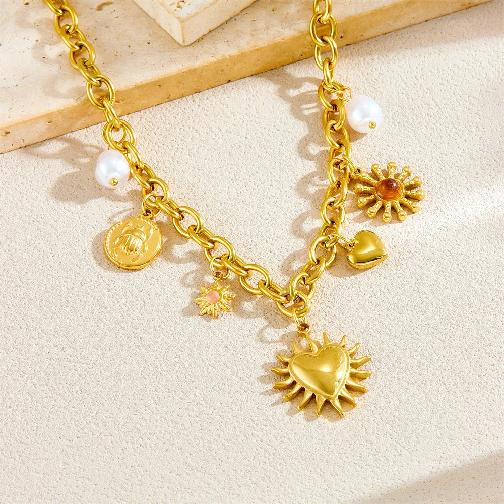 316L Stainless Steel Golden Summer Sun Heart Drop Necklace for Women Lady New Trend Waterproof Neck Chain Jewelry Gift