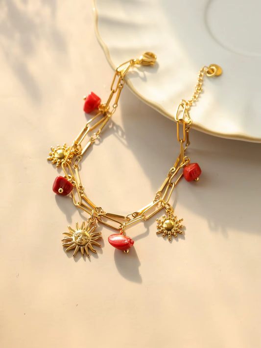 Stainless Steel Red Natural Stone Sun Pendant Double Bracelet Simple Irregular Chain Gold Women Jewelry Birthday Gift