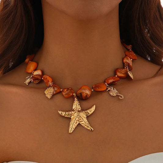 Bohemia Orange Color Geometric Stone Chain Necklace Romantic Women Star Pendant Adjustable Metal Necklace Jewelry Gift New