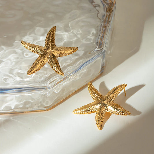 Uworld 18K Gold Plated Stainless Steel Textured Starfish Earrings for Women Waterproof Fashion Jewelry Gift