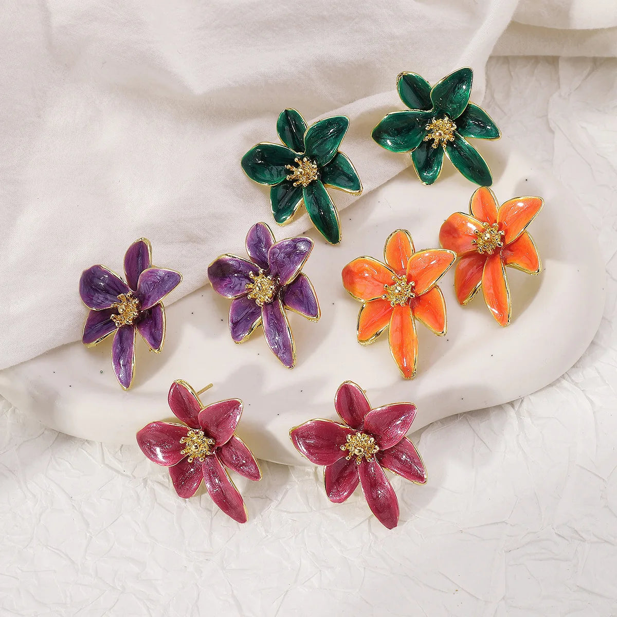 Metal Flower Colorful Drip Glaze Enamel Earrings for Women European and American Style Personality Romantic Jewelry Accessories