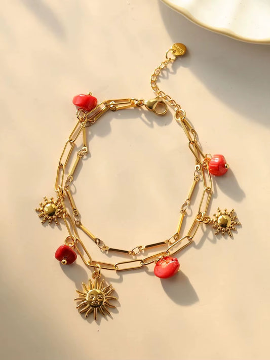 Stainless Steel Red Natural Stone Sun Pendant Double Bracelet Simple Irregular Chain Gold Women Jewelry Birthday Gift