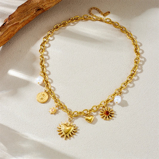 316L Stainless Steel Golden Summer Sun Heart Drop Necklace for Women Lady New Trend Waterproof Neck Chain Jewelry Gift