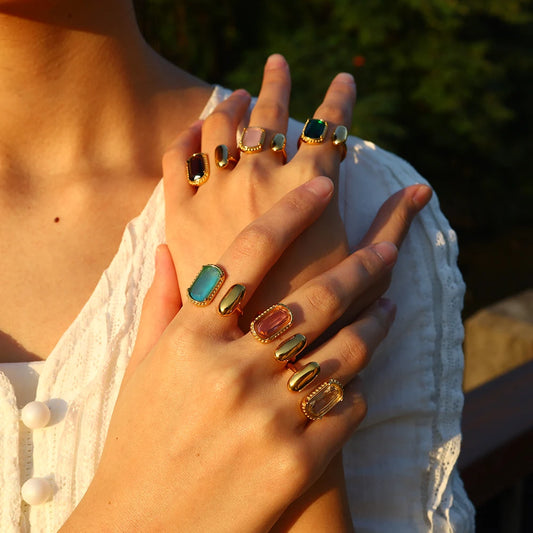 Luxury Colored Zircon Stainless Steel Rings for Women Elegant Charm Vintage 18K Gold Plated Trendy Jewelry