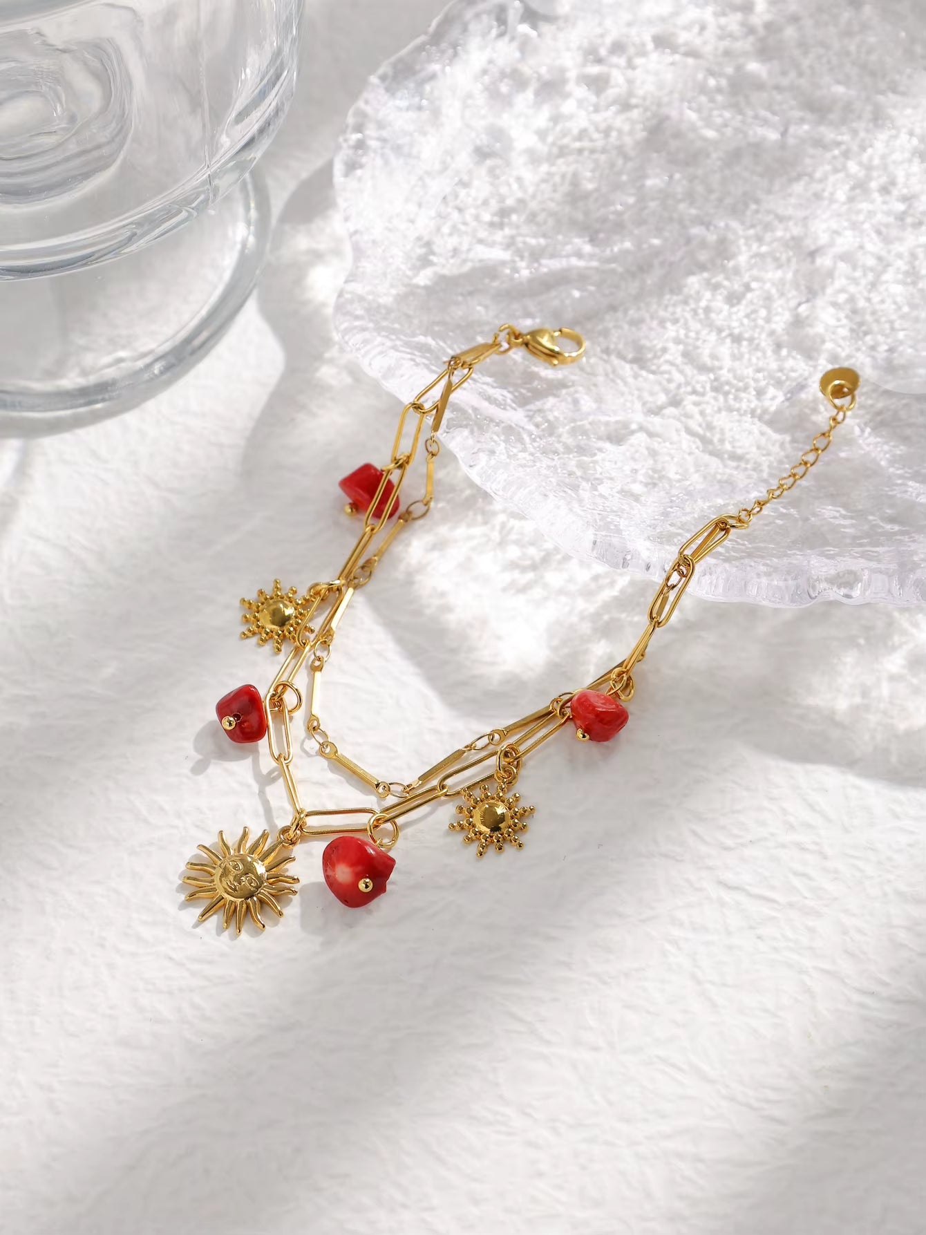 Stainless Steel Red Natural Stone Sun Pendant Double Bracelet Simple Irregular Chain Gold Women Jewelry Birthday Gift