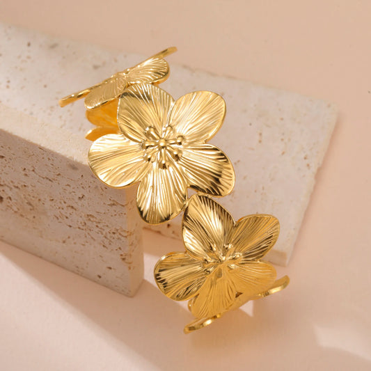 Fashion Big Flowers Cuff Bracelet for Women Stainless Steel Gold Color Bangle Bohemian Jewelry Wedding Gift